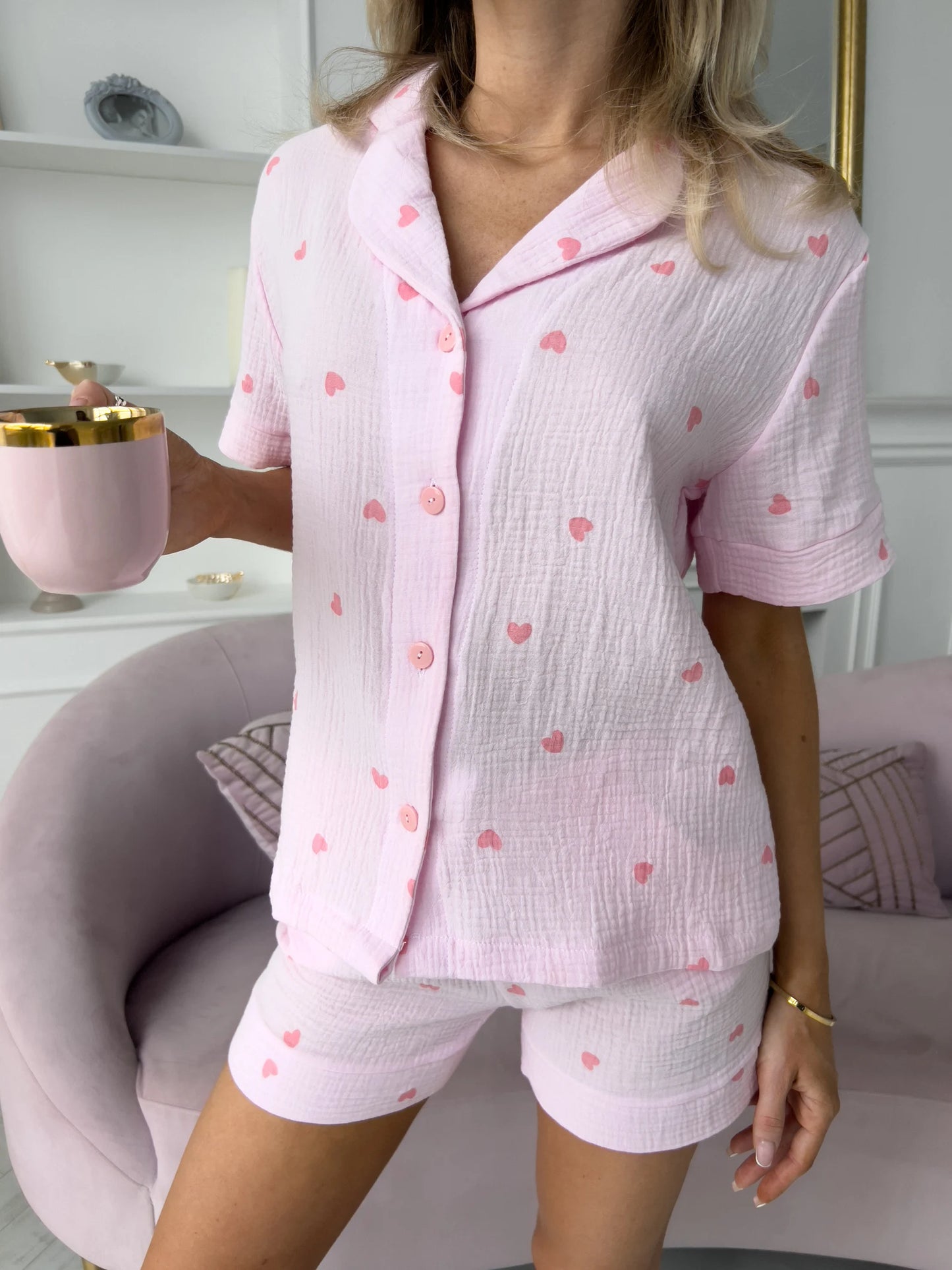 LINN - PYJAMAS SET MED ROSA HJÄRTAN